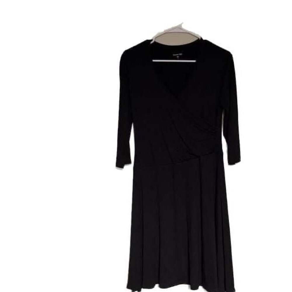 Garnet Hill Brianna Surplice Knit Dress Black 3/4 Sleeve